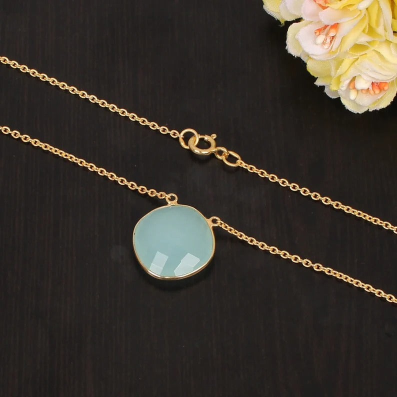 92.5 Sterling Silver Aqua Chalcedony Stone Necklace