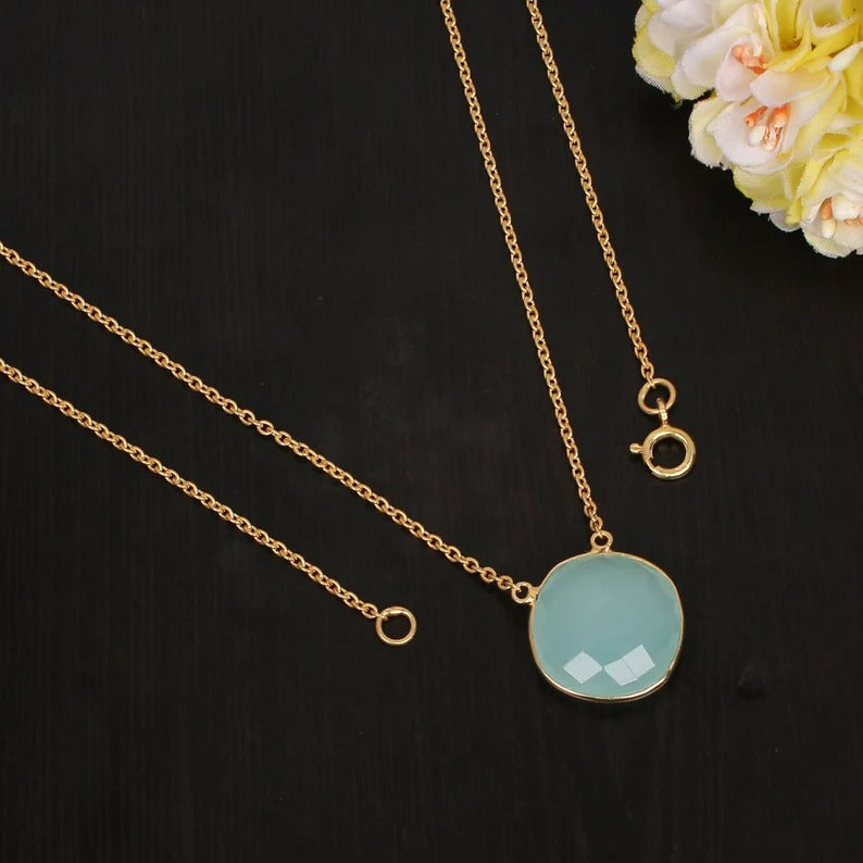 92.5 Sterling Silver Aqua Chalcedony Stone Necklace