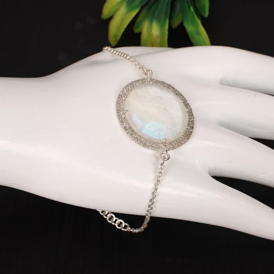 Rainbow Moonstone Gemstone 92.5 Sterling Silver Ring