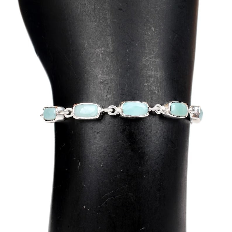 92.5 Sterling Silver Rectangle Larimar Gemstone Bracelet