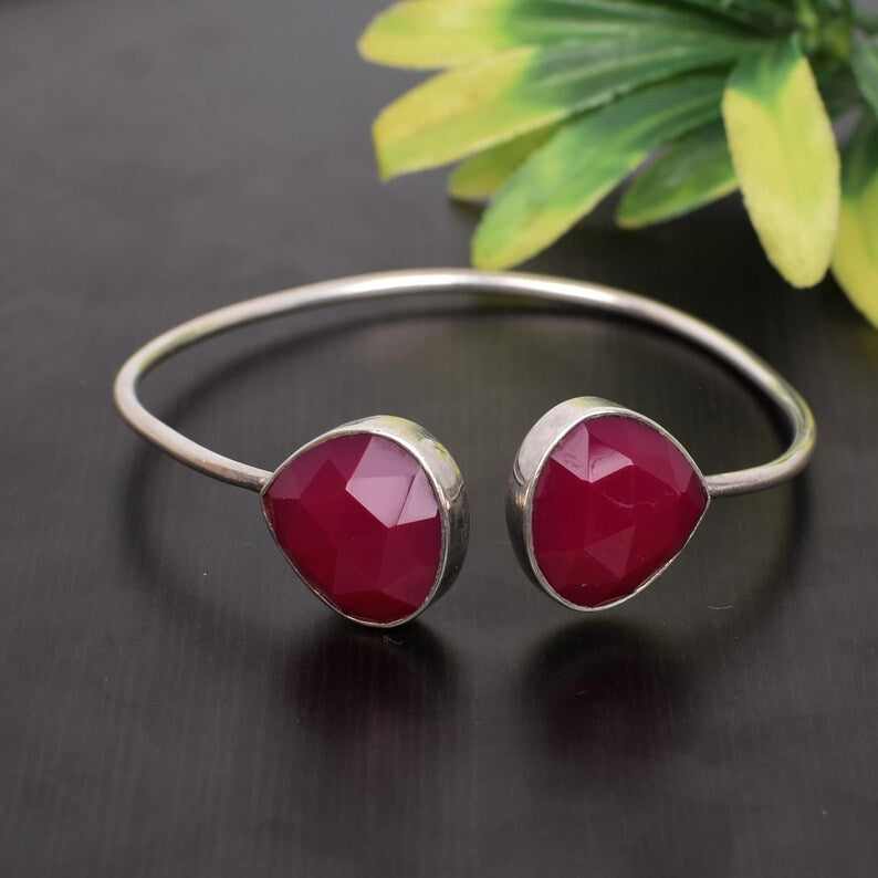 Ruby Corundum Gemstone 92.5 Sterling Silver Bangle