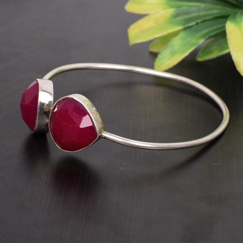 Ruby Corundum Gemstone 92.5 Sterling Silver Bangle