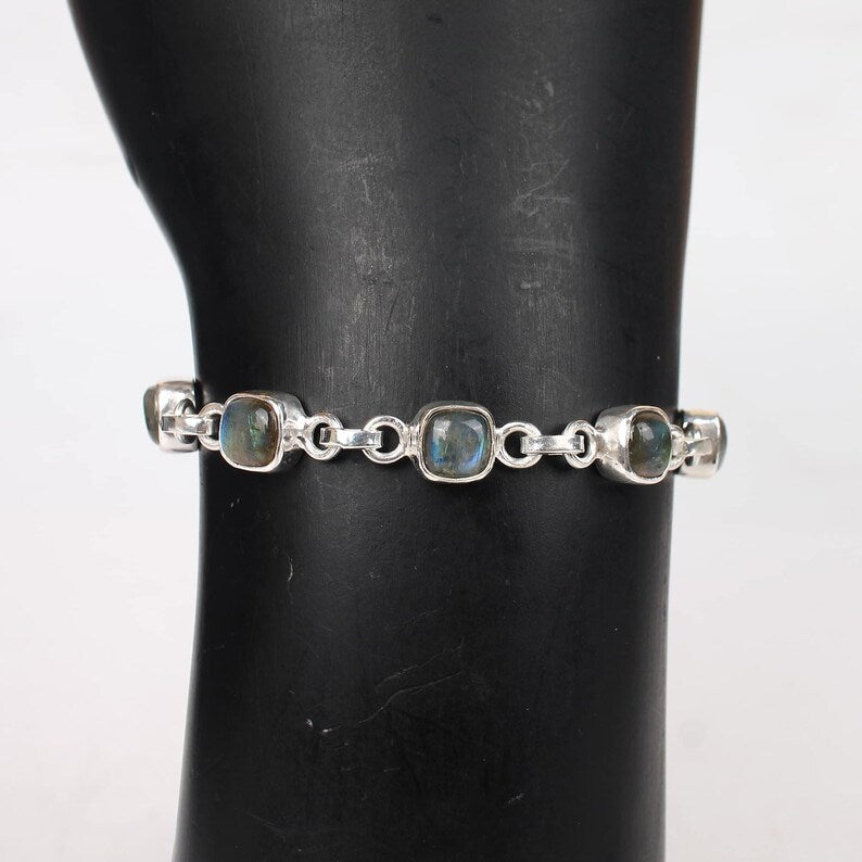 Cushion Shape Labradorite Gemstone 92.5 Sterling Silver Bracelet