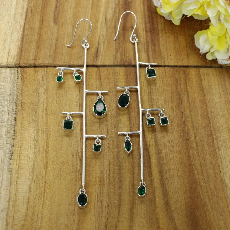 92.5 Sterling Silver Tree Branch Of Emerald Gemstone Dangle Earrings