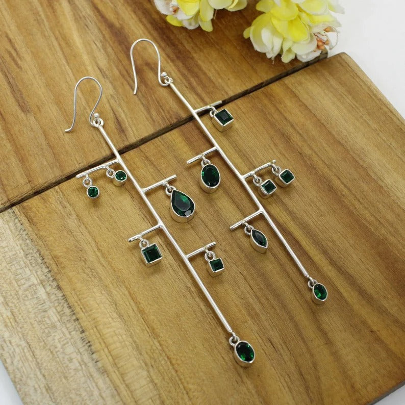 92.5 Sterling Silver Tree Branch Of Emerald Gemstone Dangle Earrings