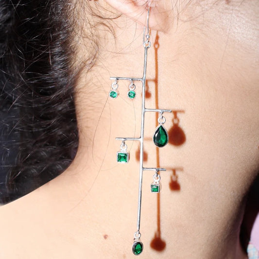 92.5 Sterling Silver Tree Branch Of Emerald Gemstone Dangle Earrings