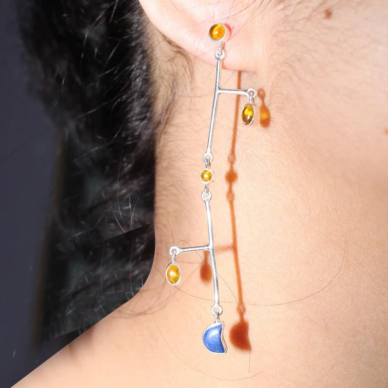 Citrine & Lapis Lazuli Gemstone Silver Dangle Earrings