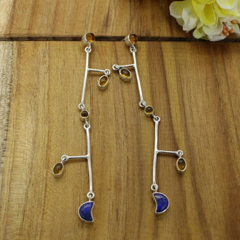 Citrine & Lapis Lazuli Gemstone Silver Dangle Earrings