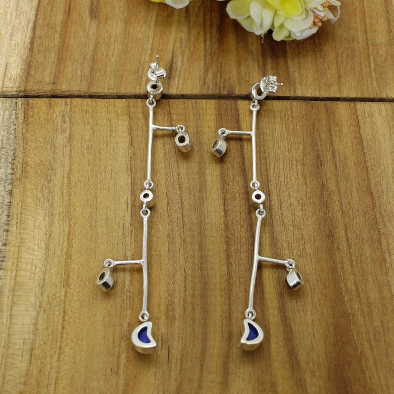 Citrine & Lapis Lazuli Gemstone Silver Dangle Earrings