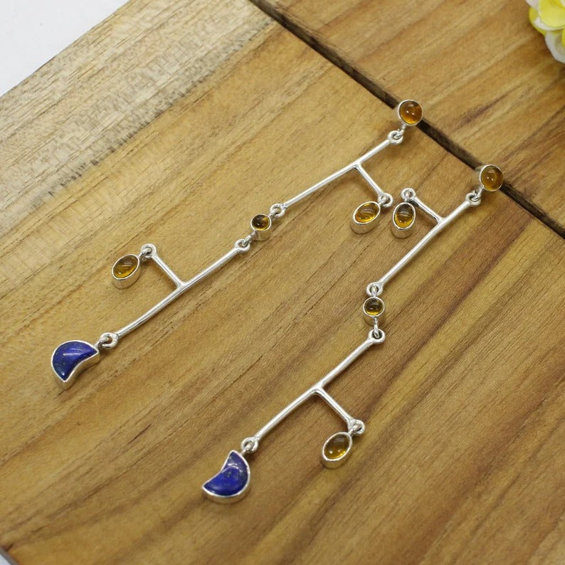 Citrine & Lapis Lazuli Gemstone Silver Dangle Earrings