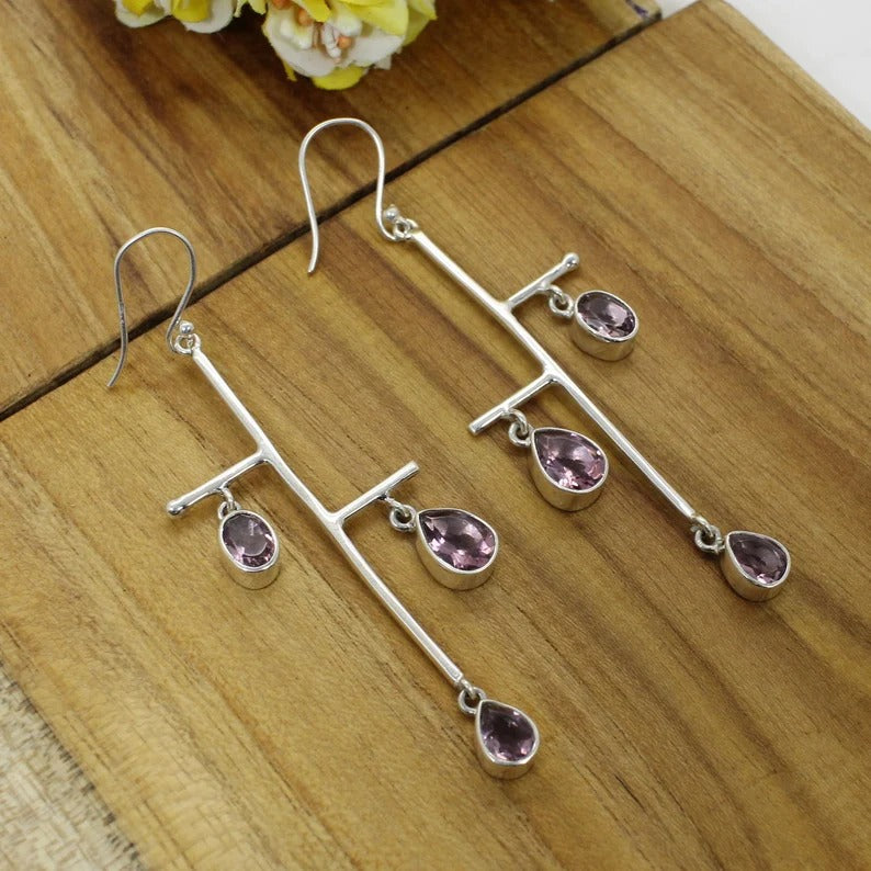 Amethyst Gemstone 92.5 Silver Dangle Earrings