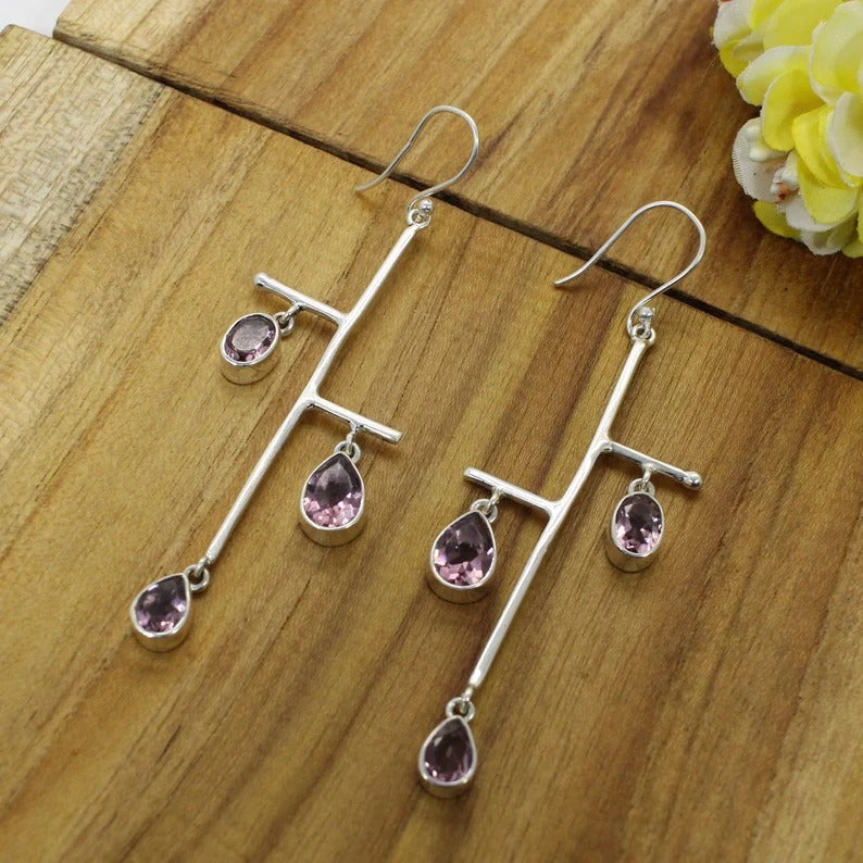 Amethyst Gemstone 92.5 Silver Dangle Earrings