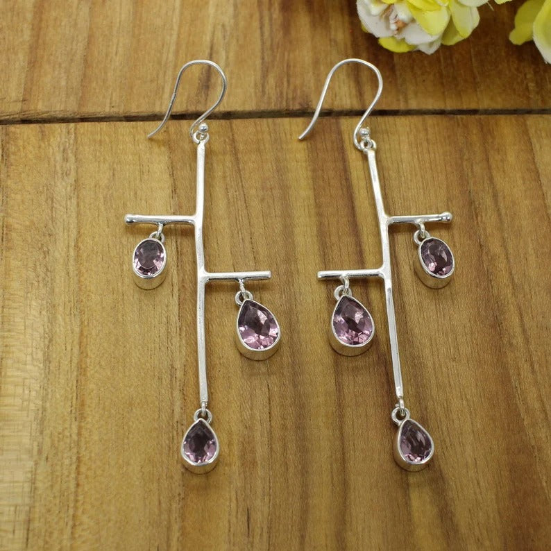 Amethyst Gemstone 92.5 Silver Dangle Earrings