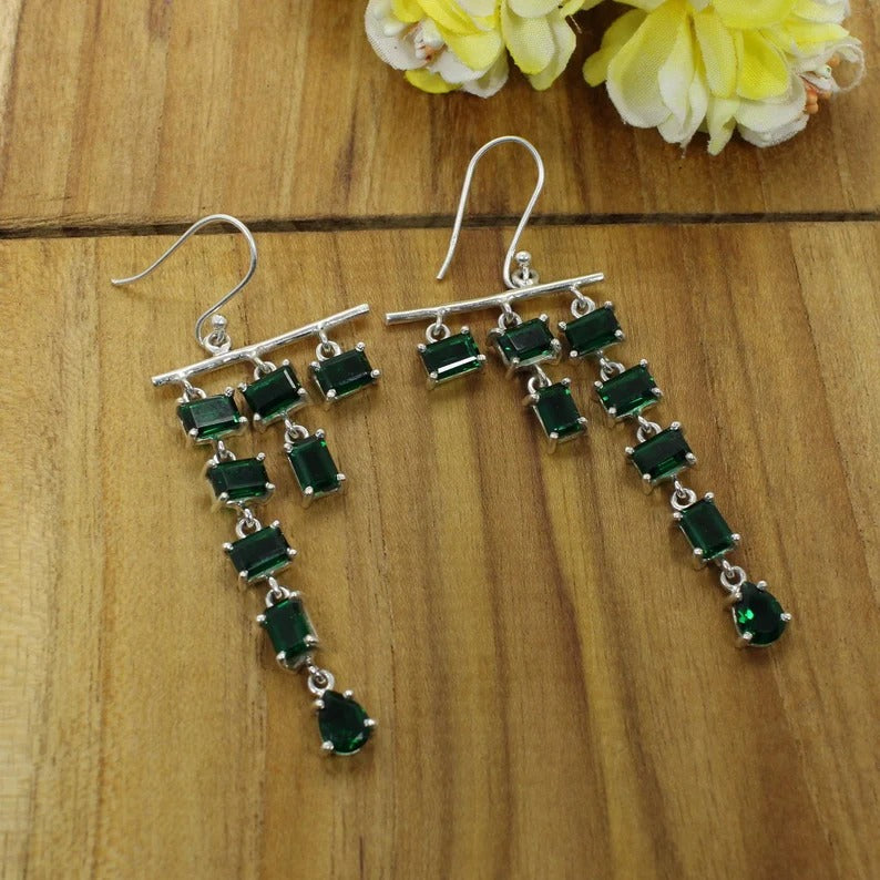 92.5 Sterling Silver Emerald Gemstone Classic Dangle Earrings