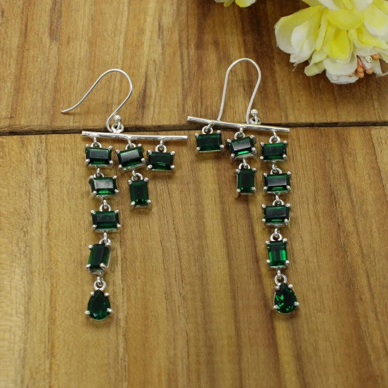 92.5 Sterling Silver Emerald Gemstone Classic Dangle Earrings