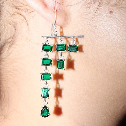 92.5 Sterling Silver Emerald Gemstone Classic Dangle Earrings