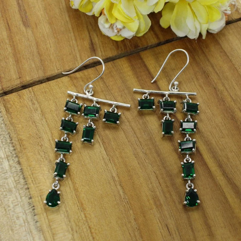 92.5 Sterling Silver Emerald Gemstone Classic Dangle Earrings