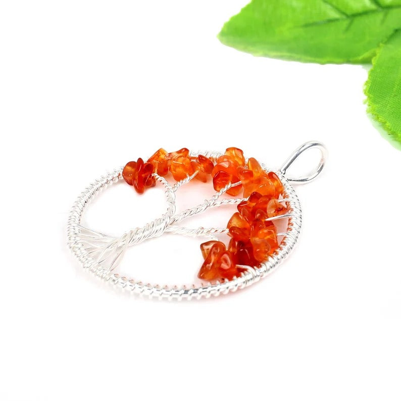 92.5 Sterling Silver Carnelian Gemstone Tree Pendant