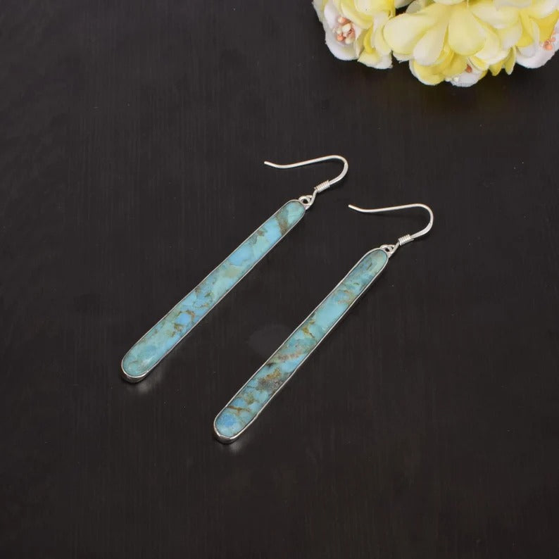 Natural Turquoise Long Dangle 92.5 Sterling Silver earrings