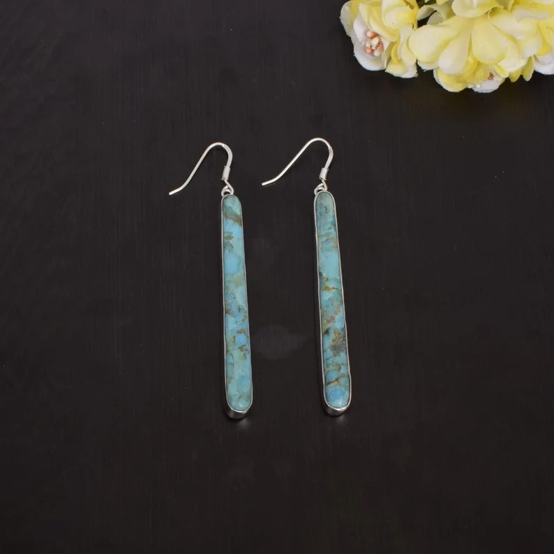 Natural Turquoise Long Dangle 92.5 Sterling Silver earrings