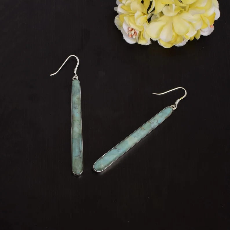 Natural Turquoise Long Dangle 92.5 Sterling Silver earrings