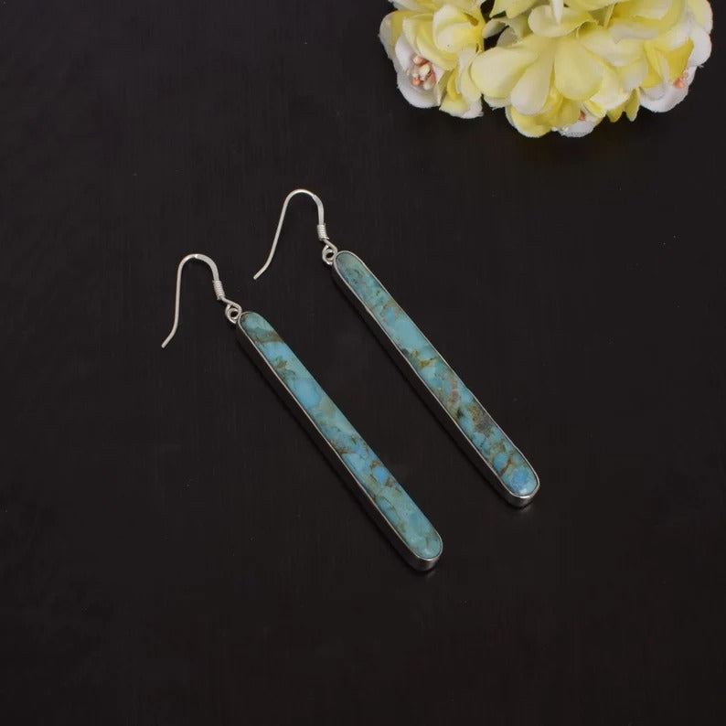 Natural Turquoise Long Dangle 92.5 Sterling Silver earrings