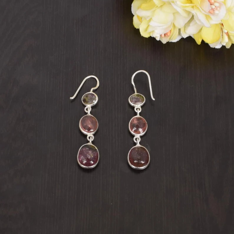 Natural Tourmaline Gemstone 92.5 Sterling Silver Earrings