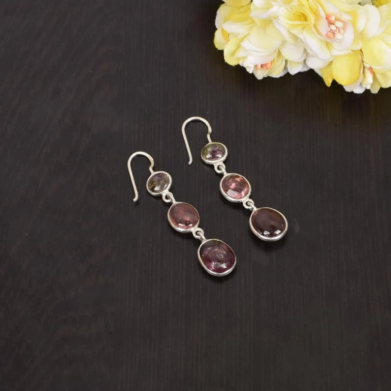 Natural Tourmaline Gemstone 92.5 Sterling Silver Earrings