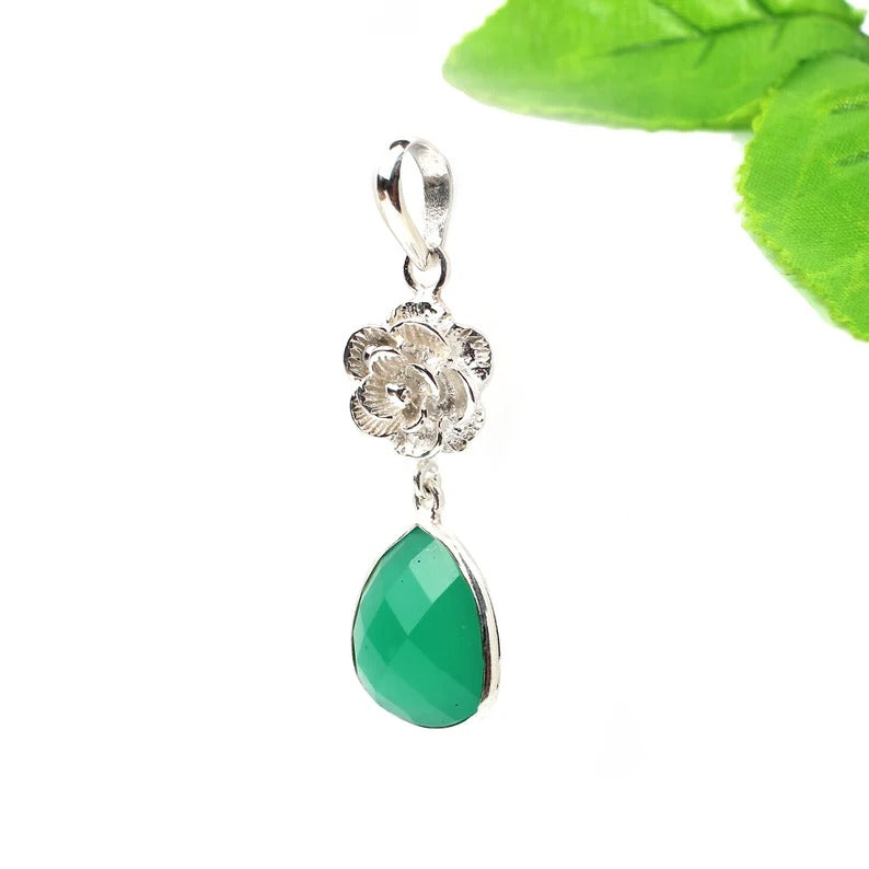 Green Onyx Gemstone Flower Charm 92.5 Sterling Silver Pendant