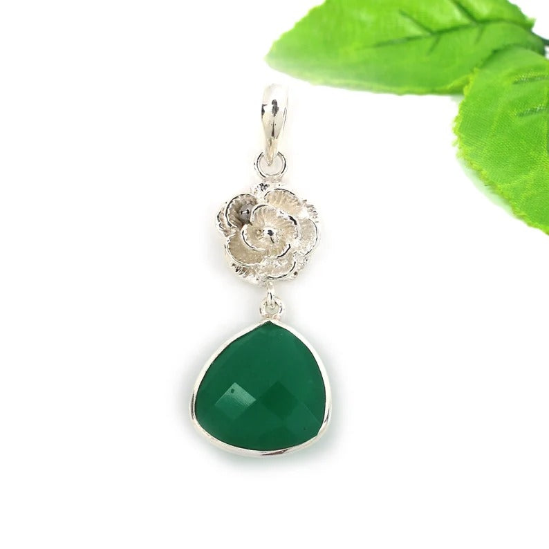 Green Onyx Gemstone Flower Charm 92.5 Sterling Silver Pendant