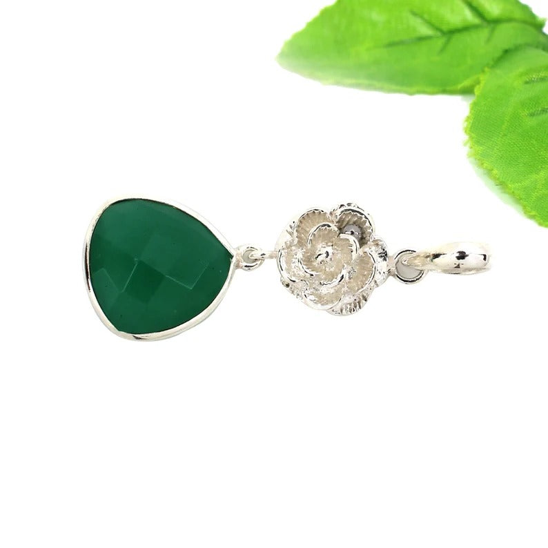 Green Onyx Gemstone Flower Charm 92.5 Sterling Silver Pendant