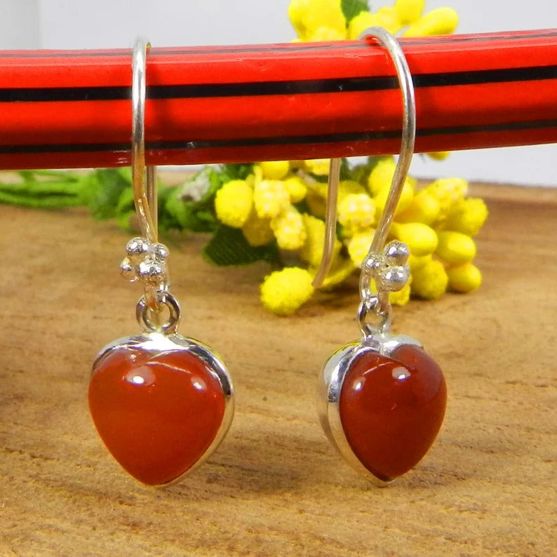 92.5 Sterling Silver Red Onyx Heart Shape Earrings