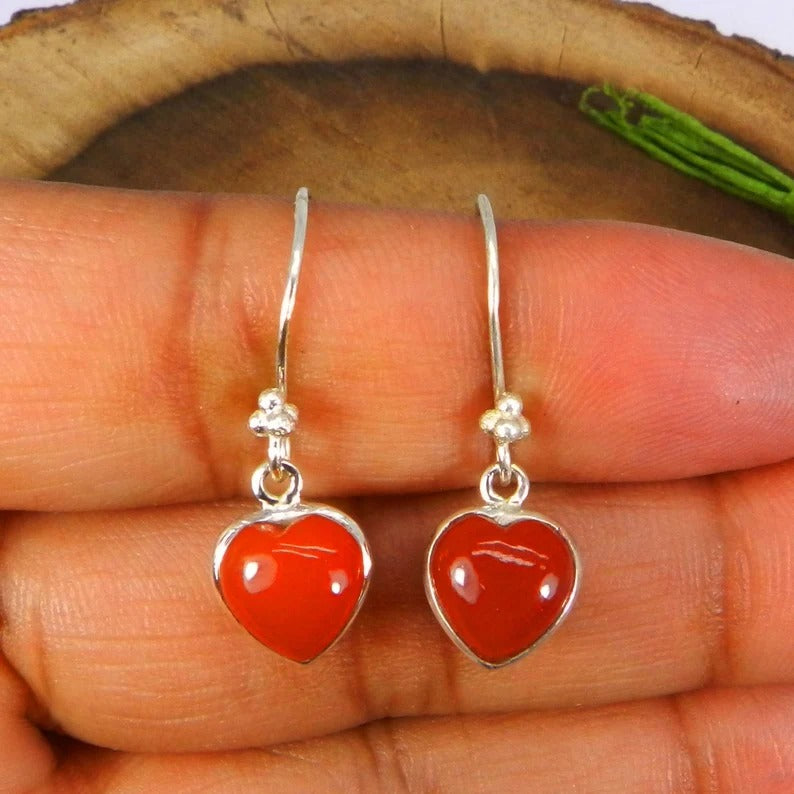 92.5 Sterling Silver Red Onyx Heart Shape Earrings