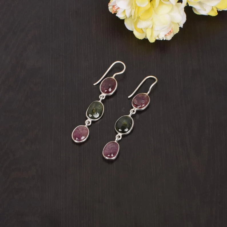 92.5 Sterling Silver Natural Tourmaline Dangle Earring