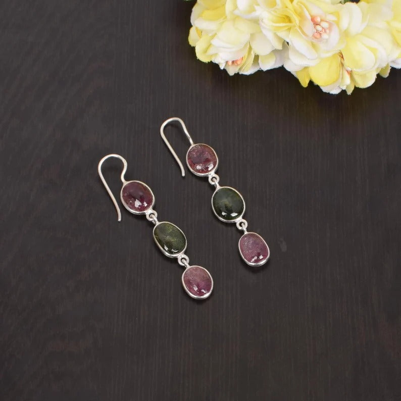 92.5 Sterling Silver Natural Tourmaline Dangle Earring