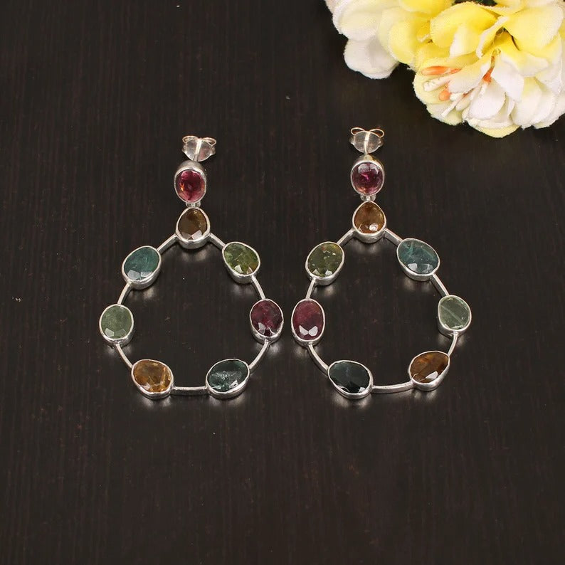 92.5 STerling Silver Natural Multi Tourmaline Gemstone Earring