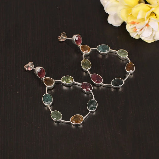 92.5 STerling Silver Natural Multi Tourmaline Gemstone Earring