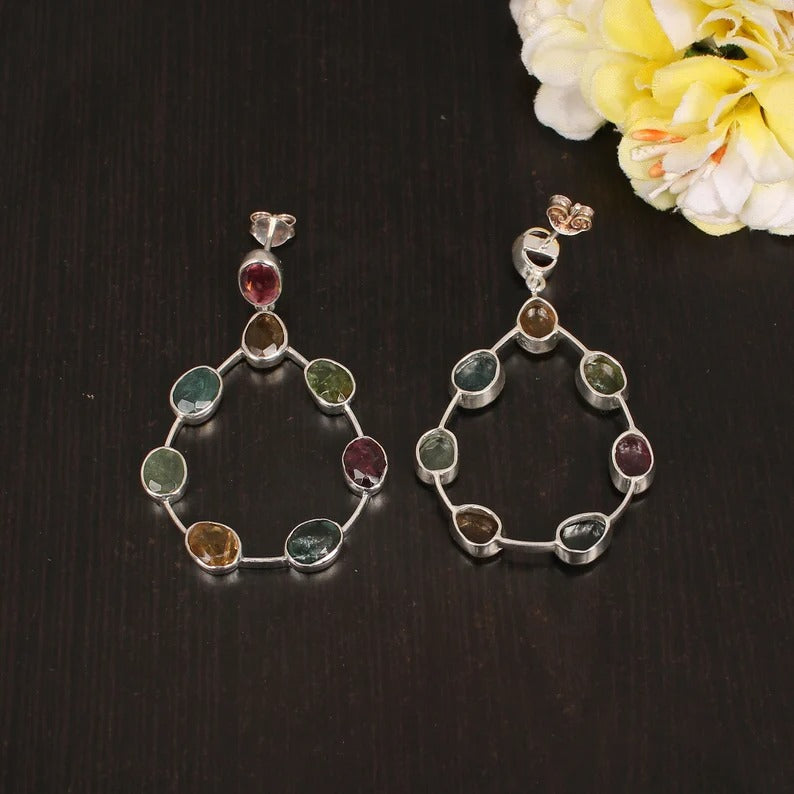 92.5 STerling Silver Natural Multi Tourmaline Gemstone Earring