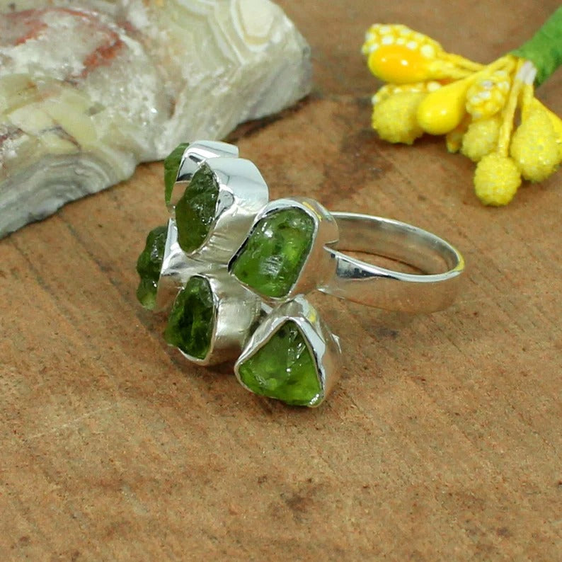 92.5 Sterling Silver Raw Peridot Gemstone Ring