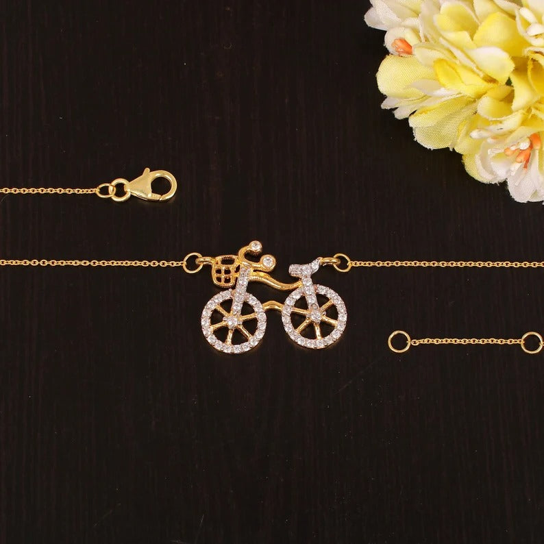 925 Sterling Silver Cycle Shape Cz Stone Necklace