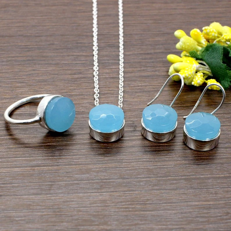 92.5 Sterling Silver Aqua Chalcedony Jewelry Set