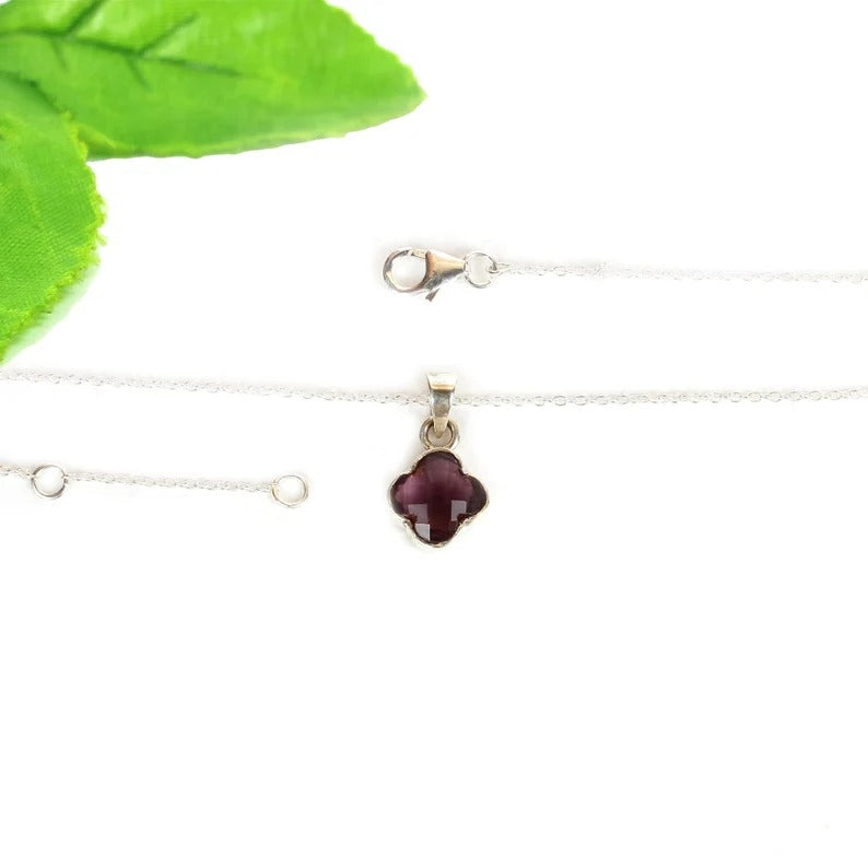 Purple Amethyst Clover Shape Gemstone 92.5 Sterling Silver Necklace