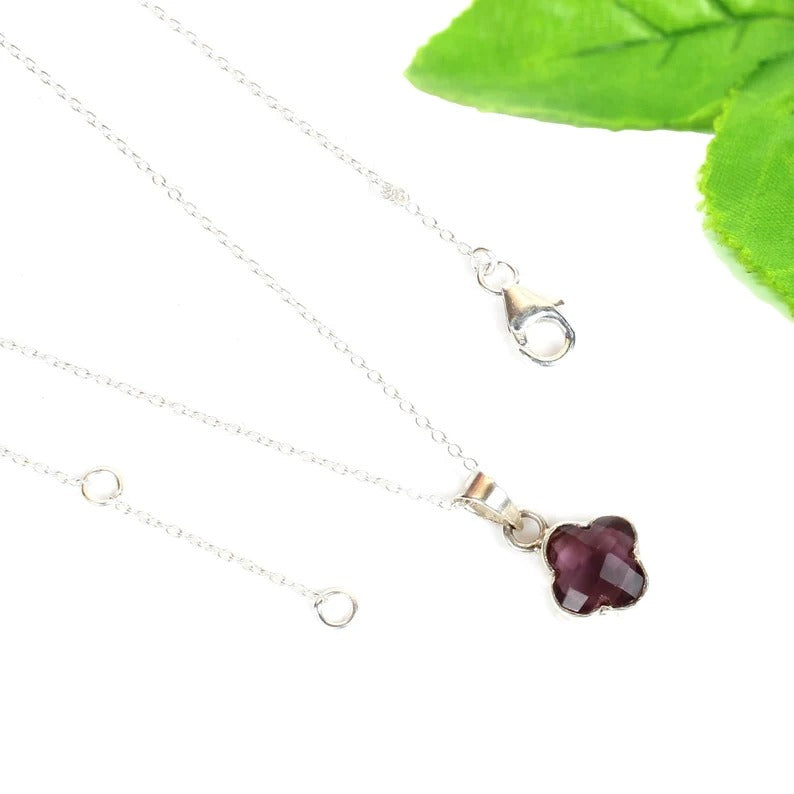 Purple Amethyst Clover Shape Gemstone 92.5 Sterling Silver Necklace