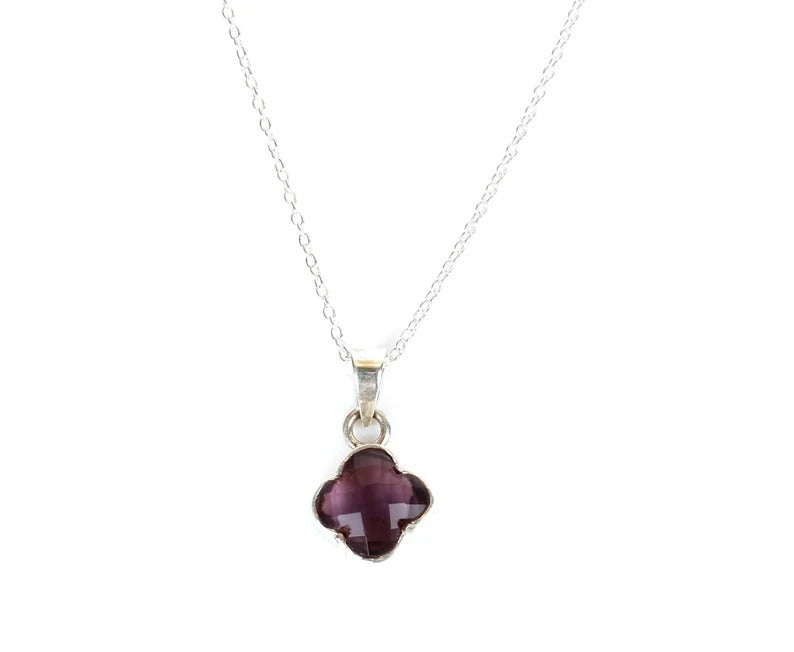 Purple Amethyst Clover Shape Gemstone 92.5 Sterling Silver Necklace