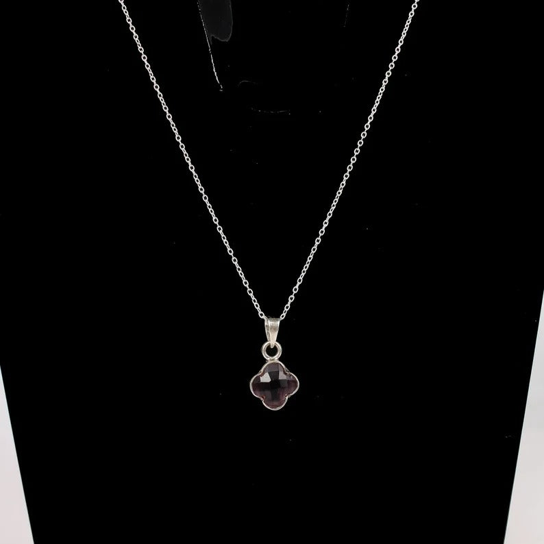 Purple Amethyst Clover Shape Gemstone 92.5 Sterling Silver Necklace