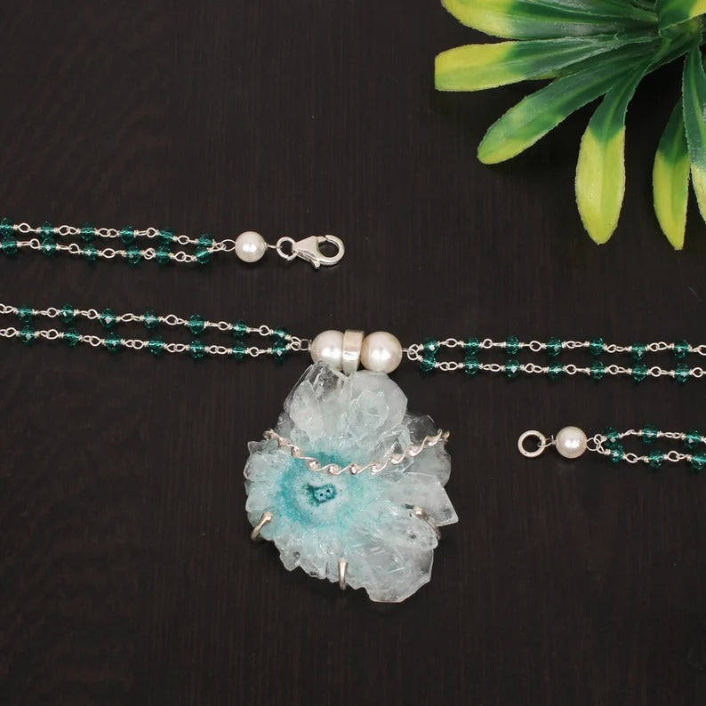 Natural Solar Druzy & Apatite Hydro And Pearl Gemstone 92.5 Sterling Silver Necklace