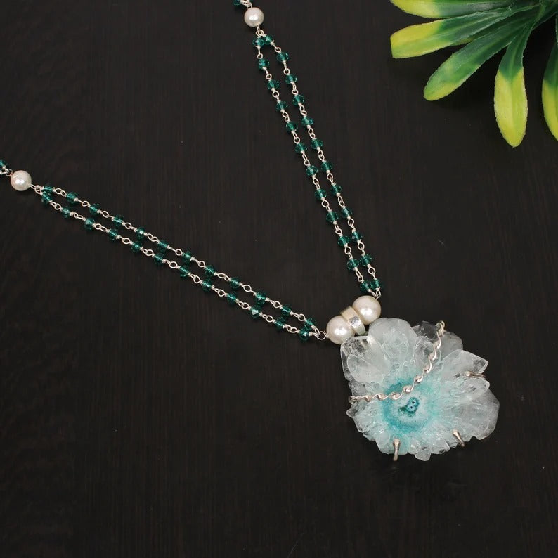 Natural Solar Druzy & Apatite Hydro And Pearl Gemstone 92.5 Sterling Silver Necklace