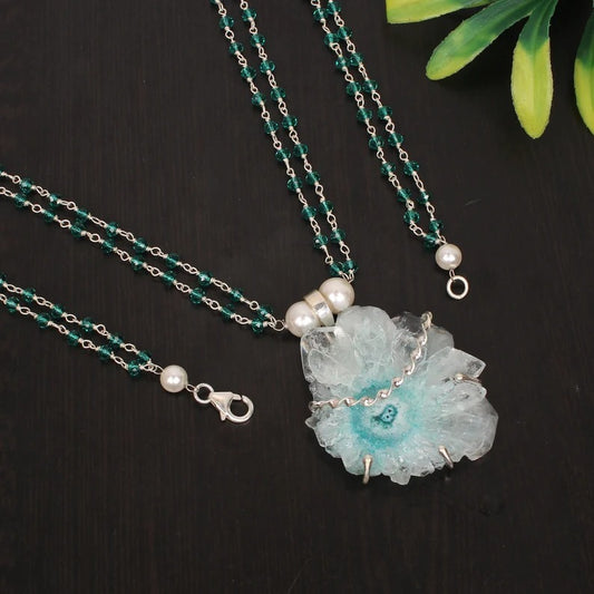 Natural Solar Druzy & Apatite Hydro And Pearl Gemstone 92.5 Sterling Silver Necklace