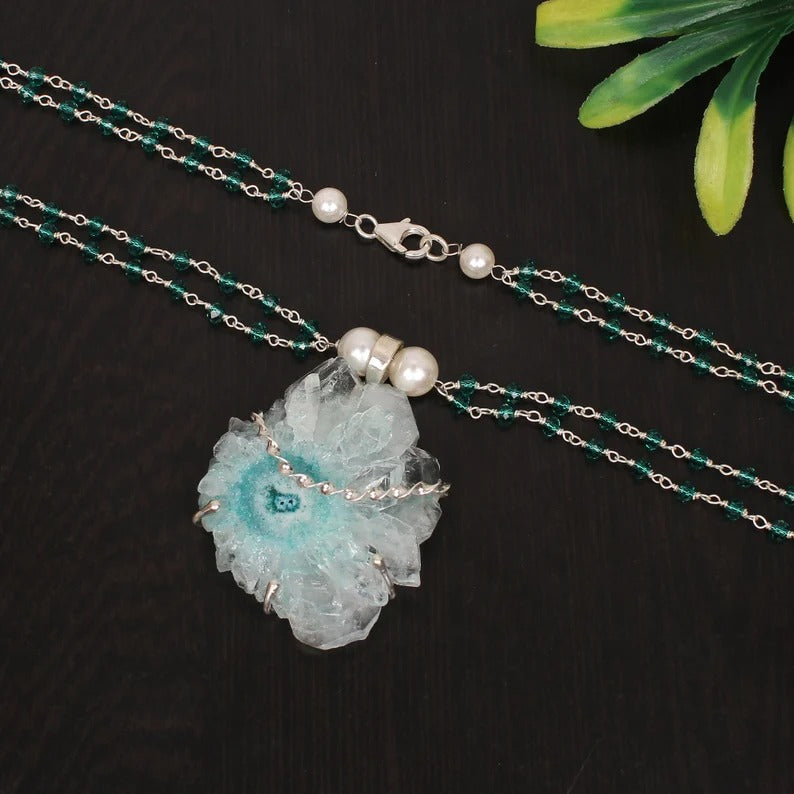 Natural Solar Druzy & Apatite Hydro And Pearl Gemstone 92.5 Sterling Silver Necklace