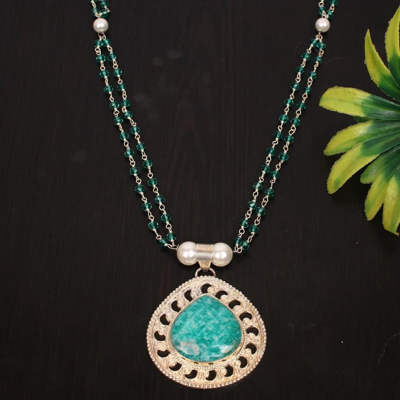 Natural Amazonite Gemstone & Pearl 92.5 Sterling Silver Necklace